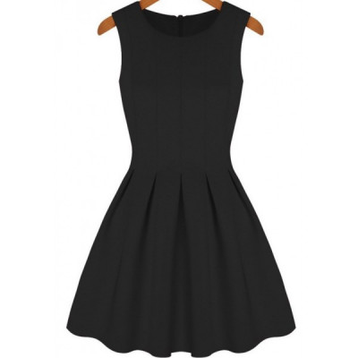 Party Black Round Neck Sleeveless Pleated Flare Dress