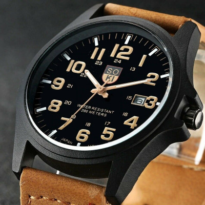 Men’s Military Sport Leather Date Quartz Analog Army Casual Dress Wrist Watch