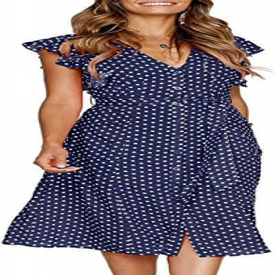 MITILLY Women's Summer Boho Polka Dot Sleeveless V Neck Swing Midi Dress with Pockets